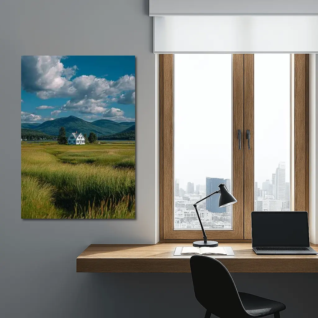 White Farmhouse Green Fields Mountain Landscape – Wall Art