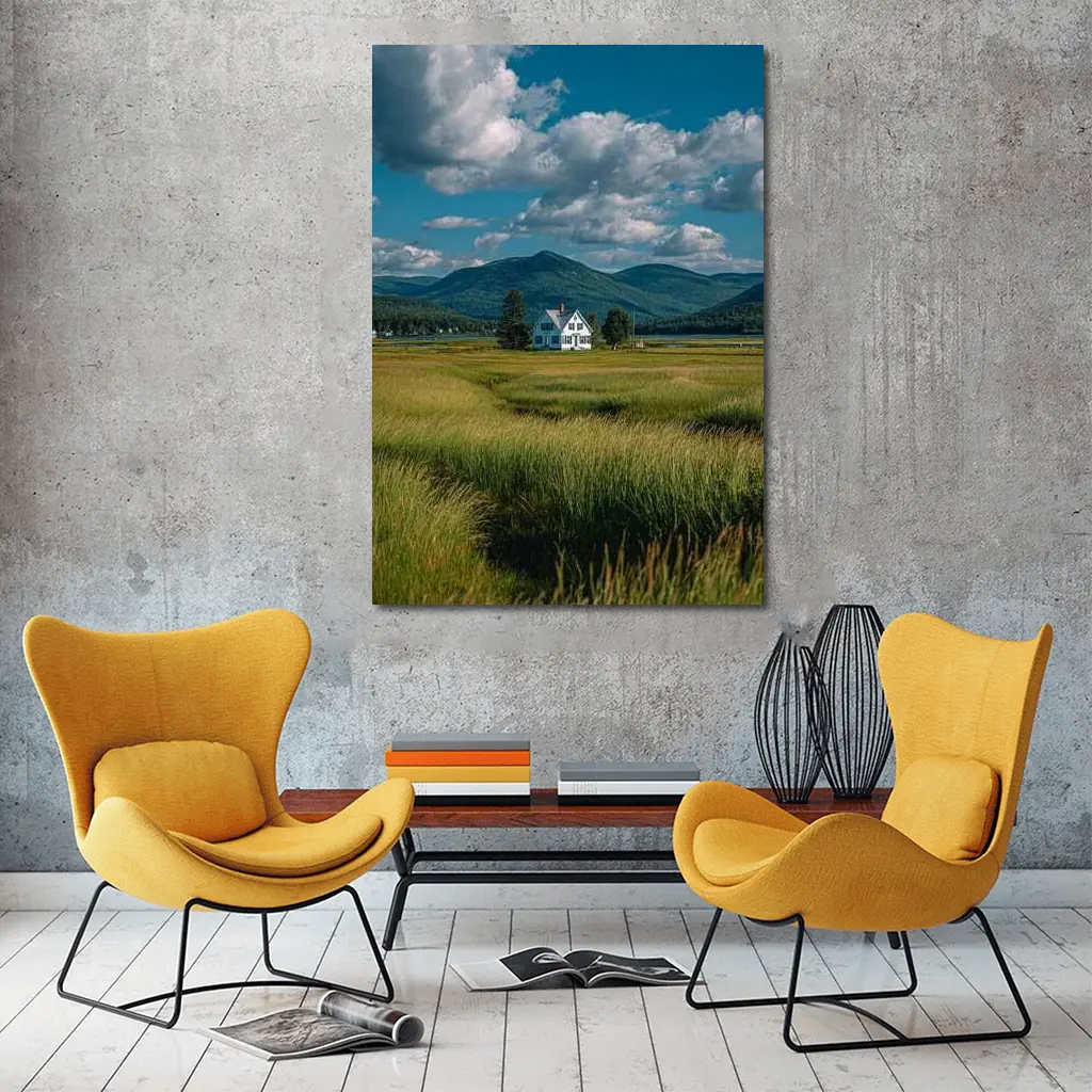 White Farmhouse Green Fields Mountain Landscape – Wall Art