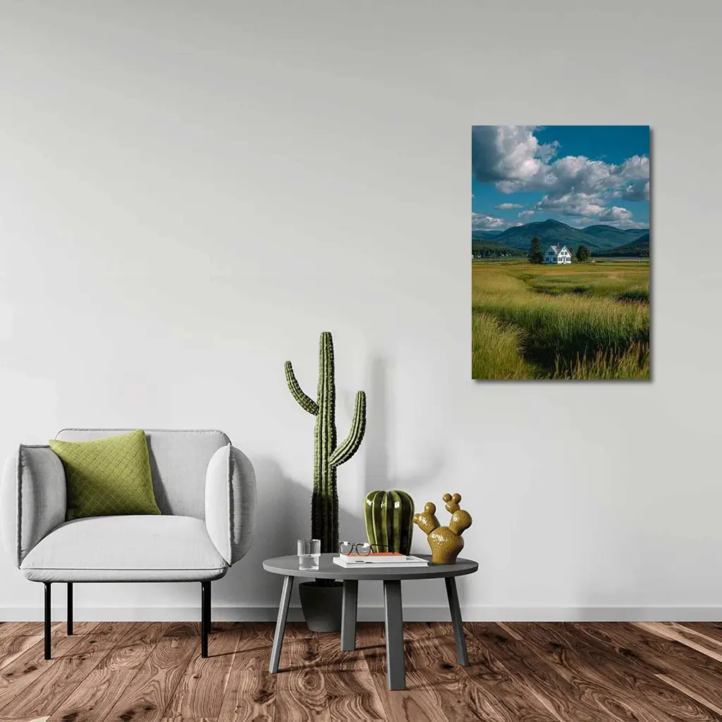 White Farmhouse Green Fields Mountain Landscape – Wall Art