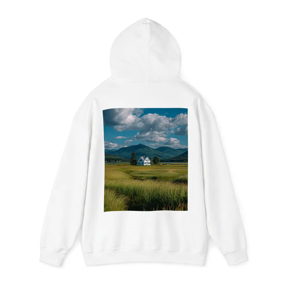 White Farmhouse Green Fields Mountain Landscape – Hoodies