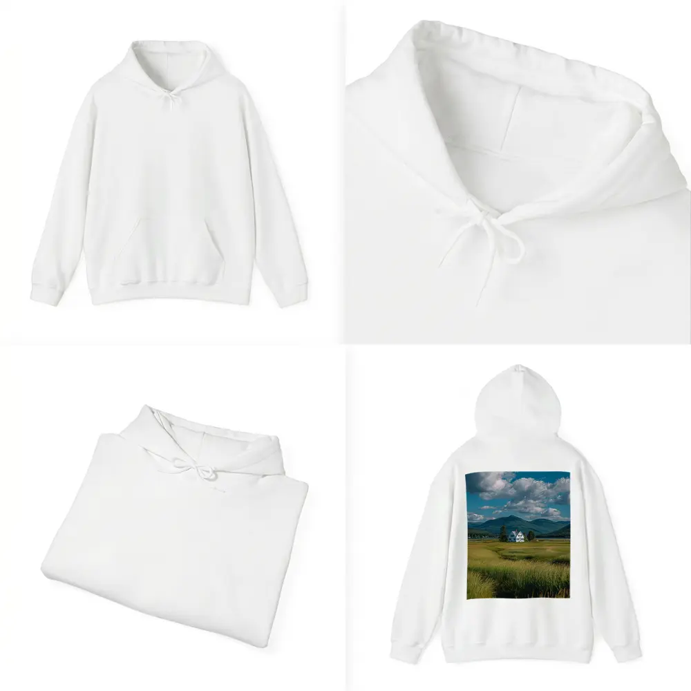 White Farmhouse Green Fields Mountain Landscape – Hoodies