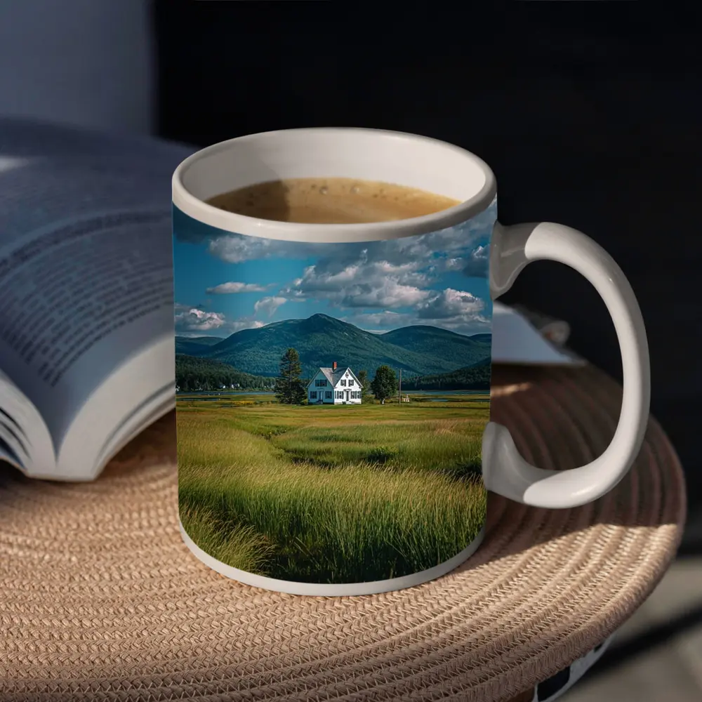 White Farmhouse Green Fields Mountain Landscape – Mugs