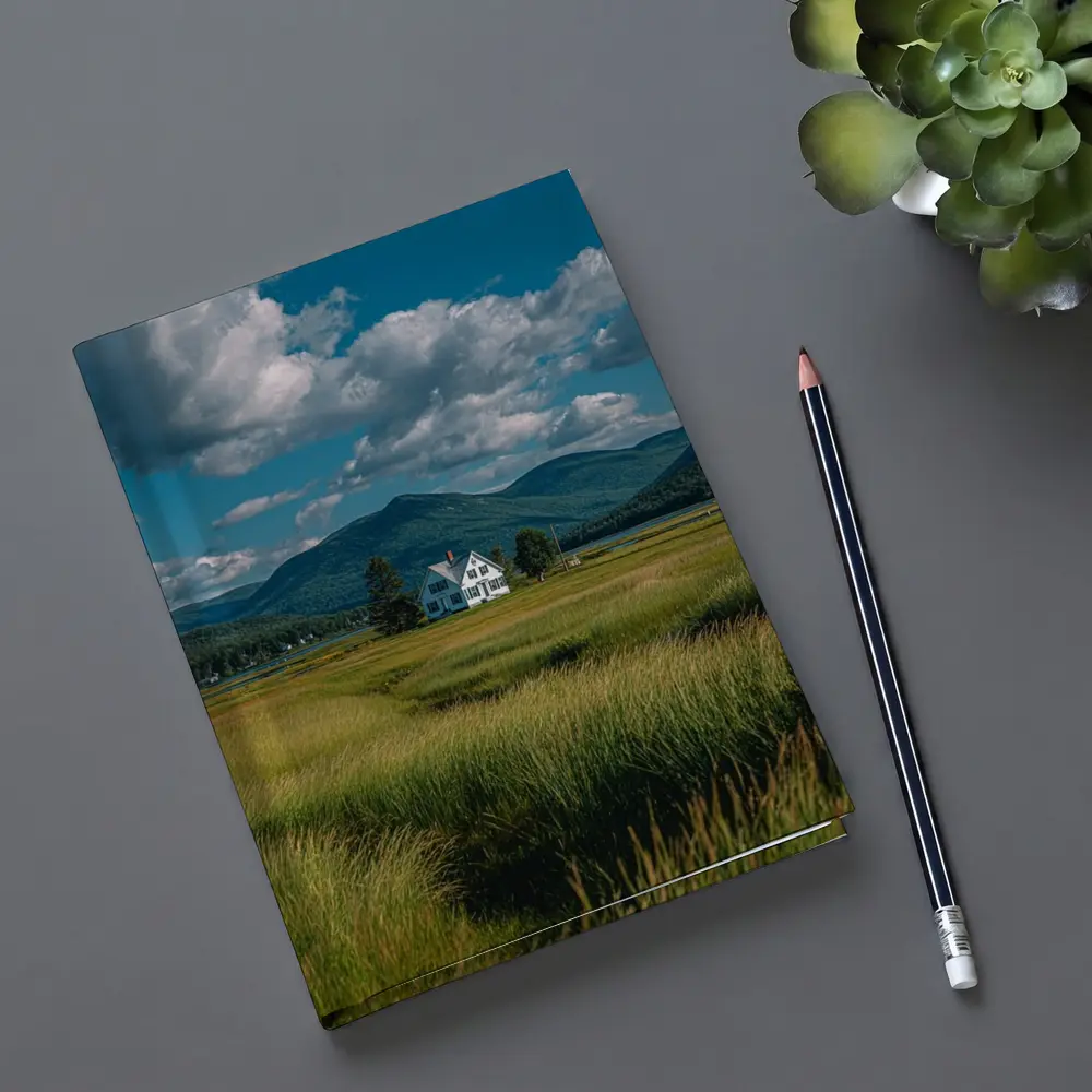 White Farmhouse Green Fields Mountain Landscape – Notebooks