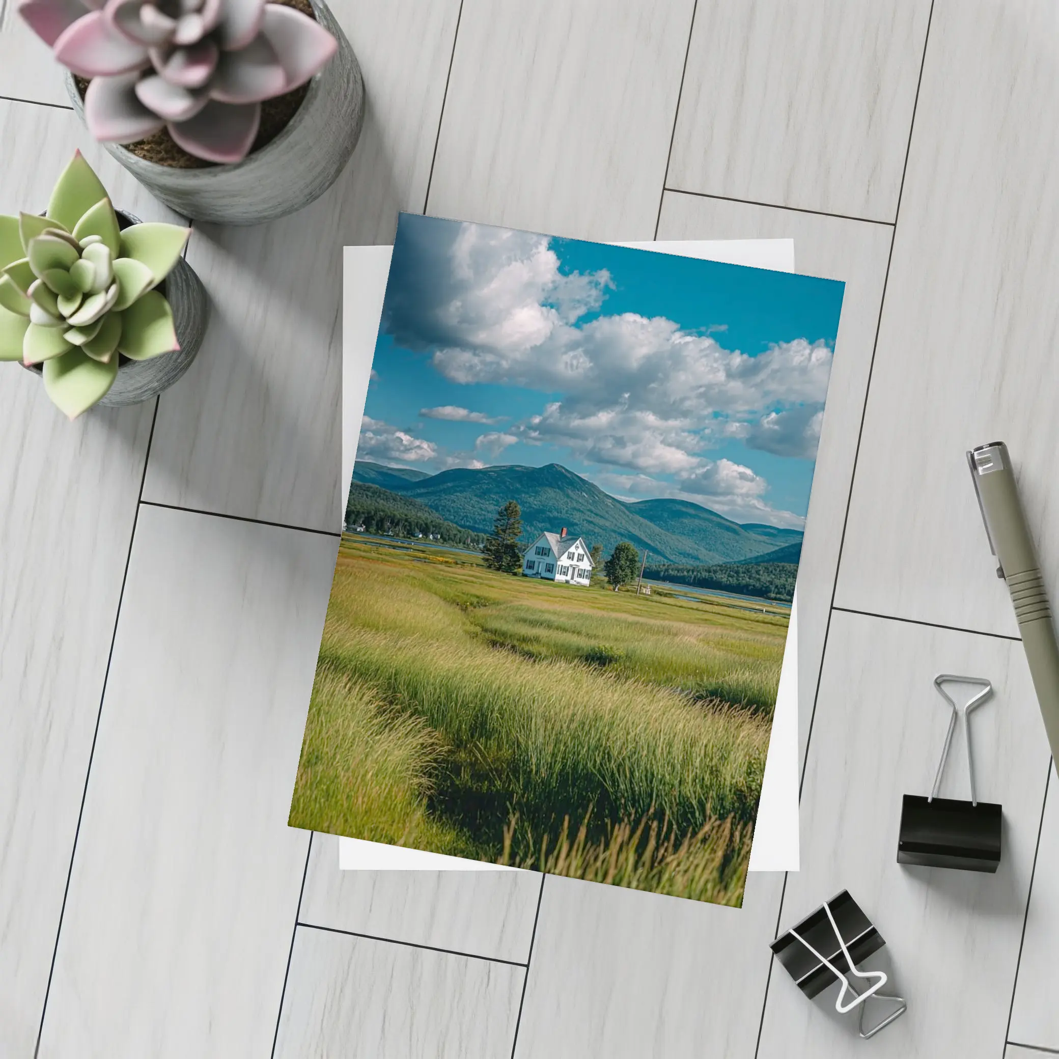 White Farmhouse Green Fields Mountain Landscape – Postcards