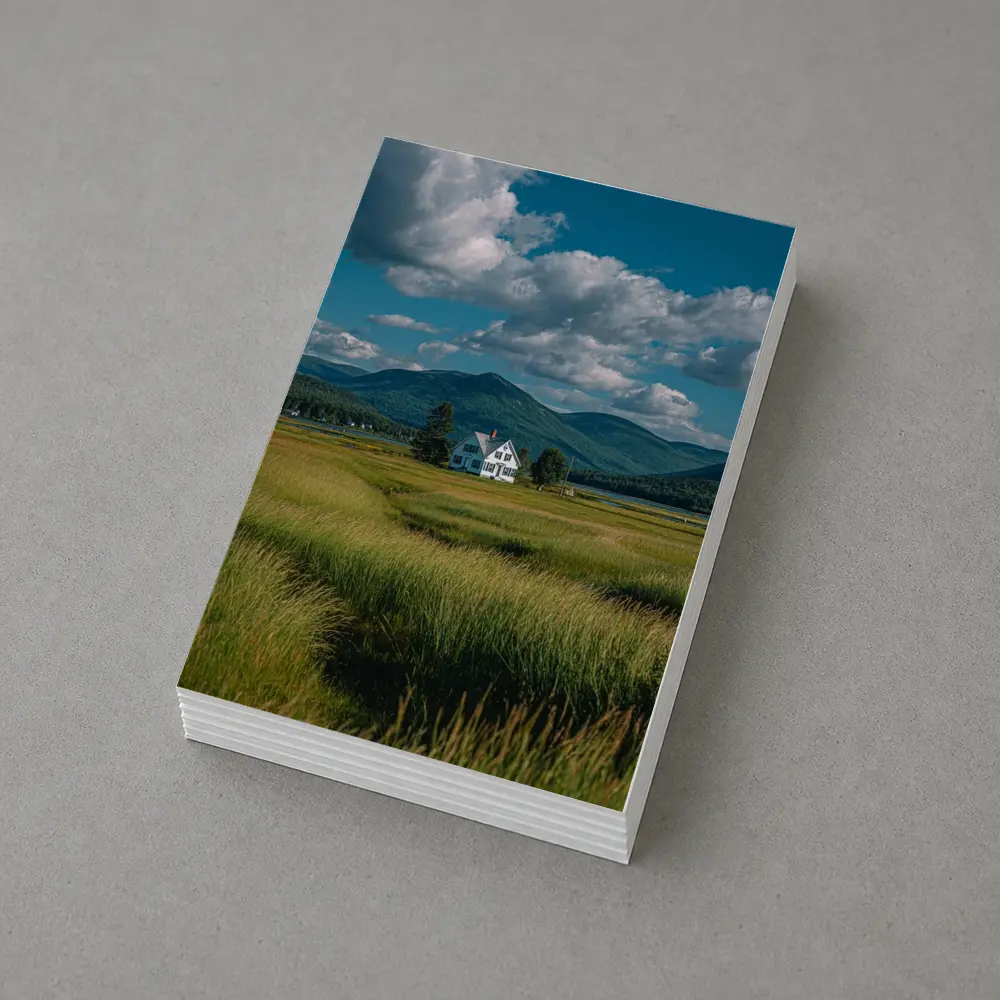 White Farmhouse Green Fields Mountain Landscape – Postcards