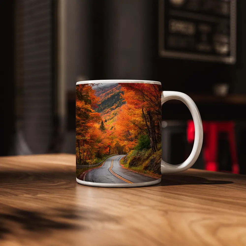 Winding Autumn Road Through Colorful Forest – Mugs