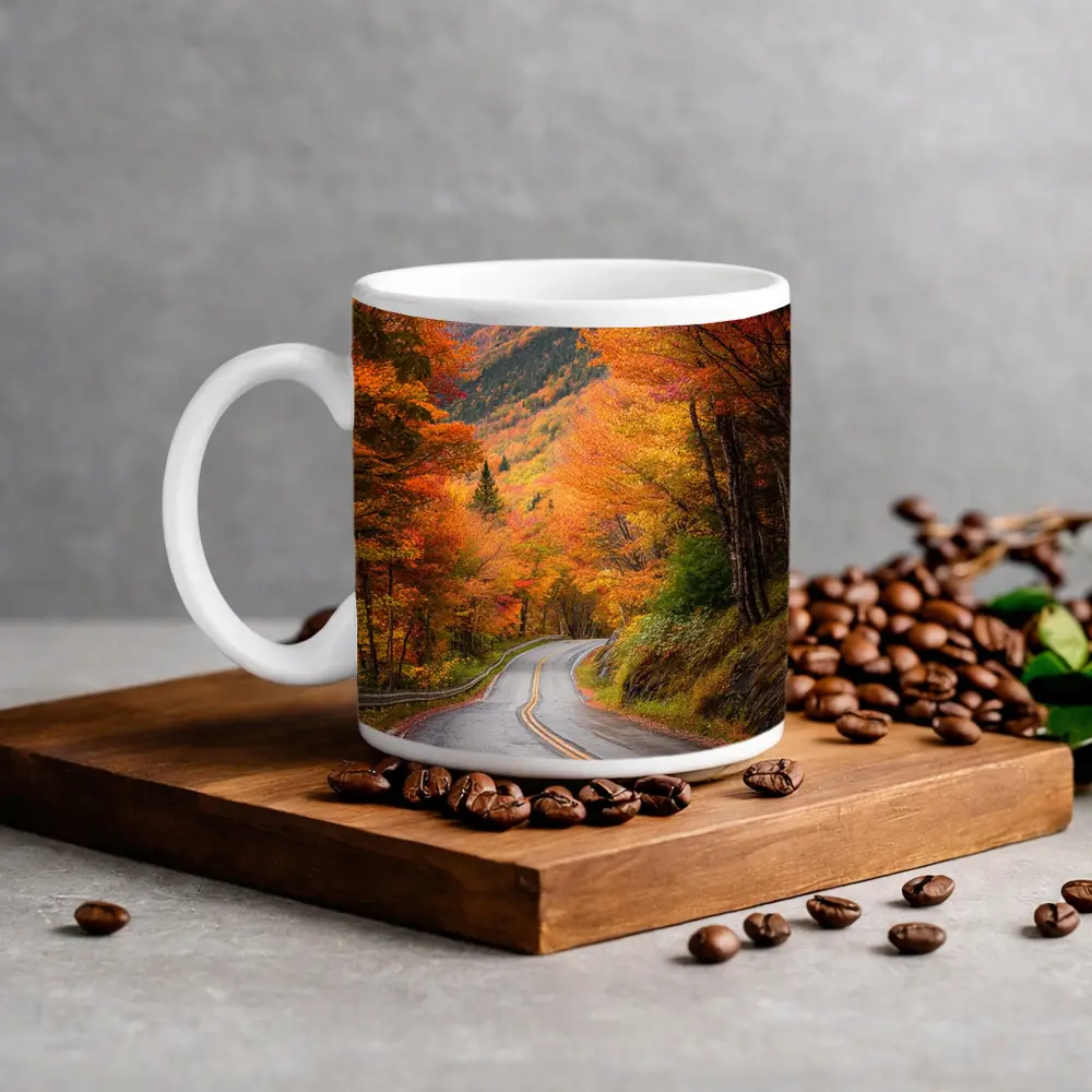 Winding Autumn Road Through Colorful Forest – Mugs