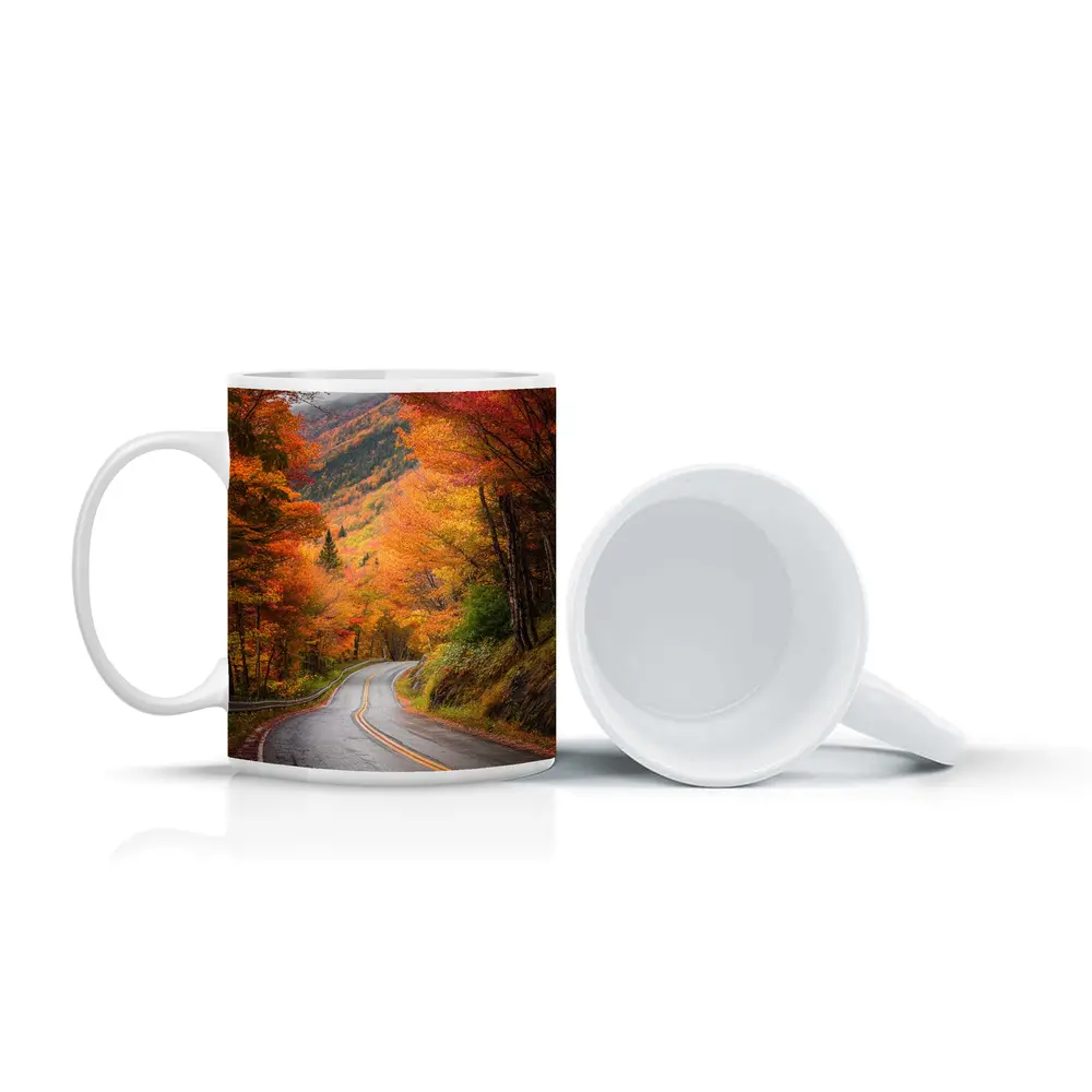 Winding Autumn Road Through Colorful Forest – Mugs
