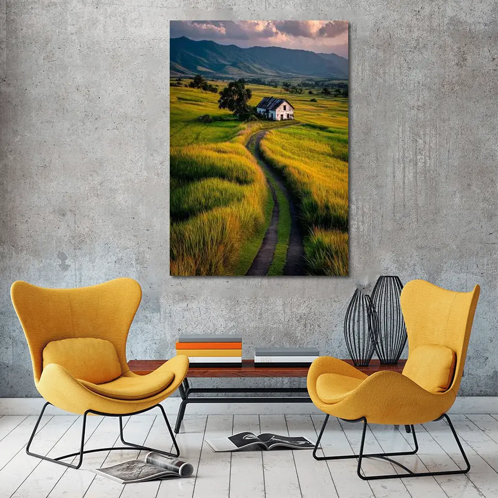 Dirt Road Through Green Rice Fields Mountains – Wall Art