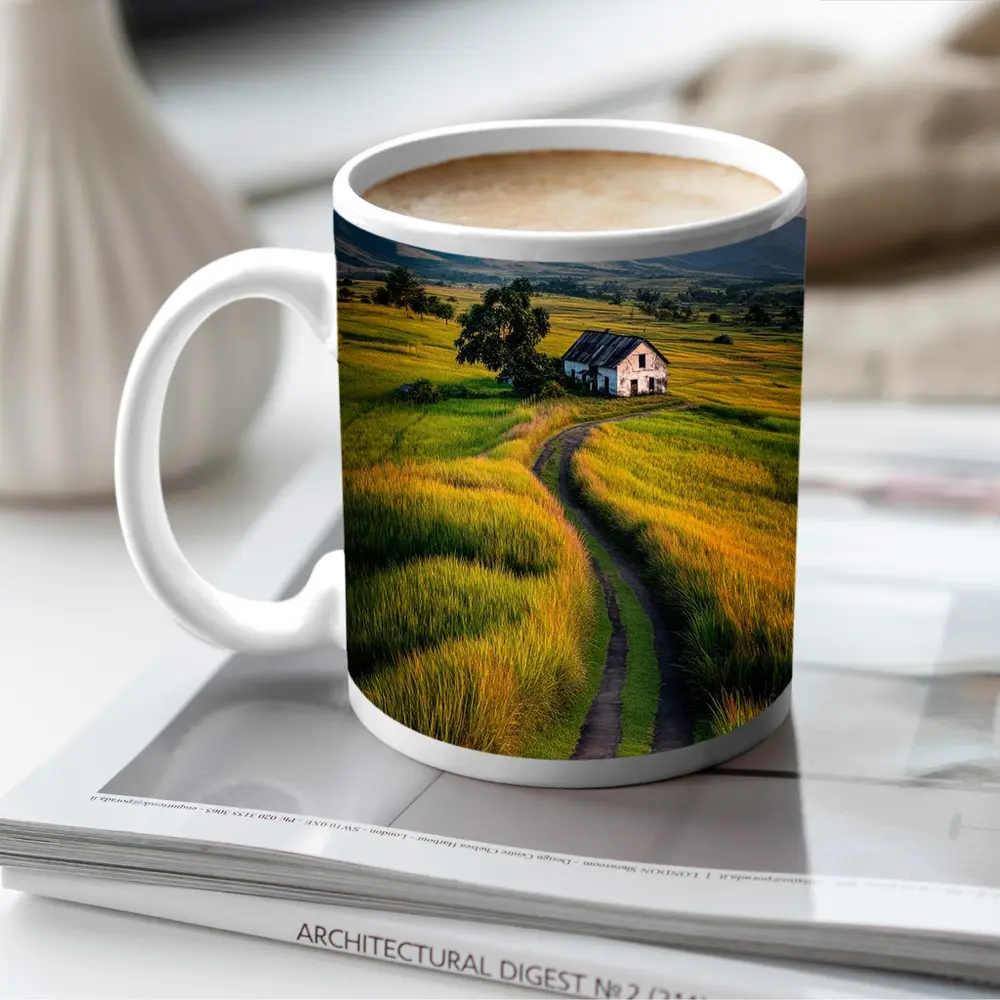 Dirt Road Through Green Rice Fields Mountains – Mugs