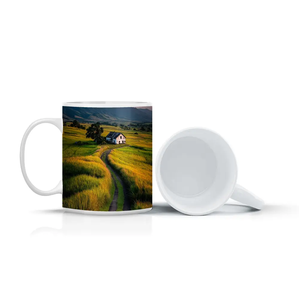Dirt Road Through Green Rice Fields Mountains – Mugs