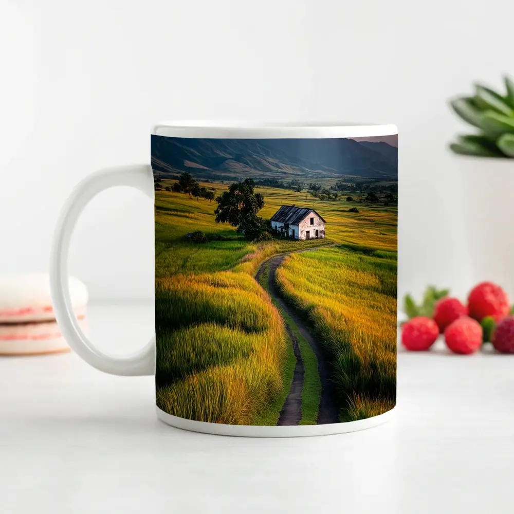 Dirt Road Through Green Rice Fields Mountains – Mugs