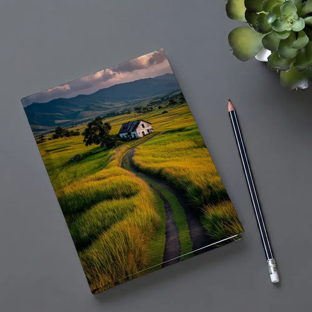 Dirt Road Through Green Rice Fields Mountains – Notebooks
