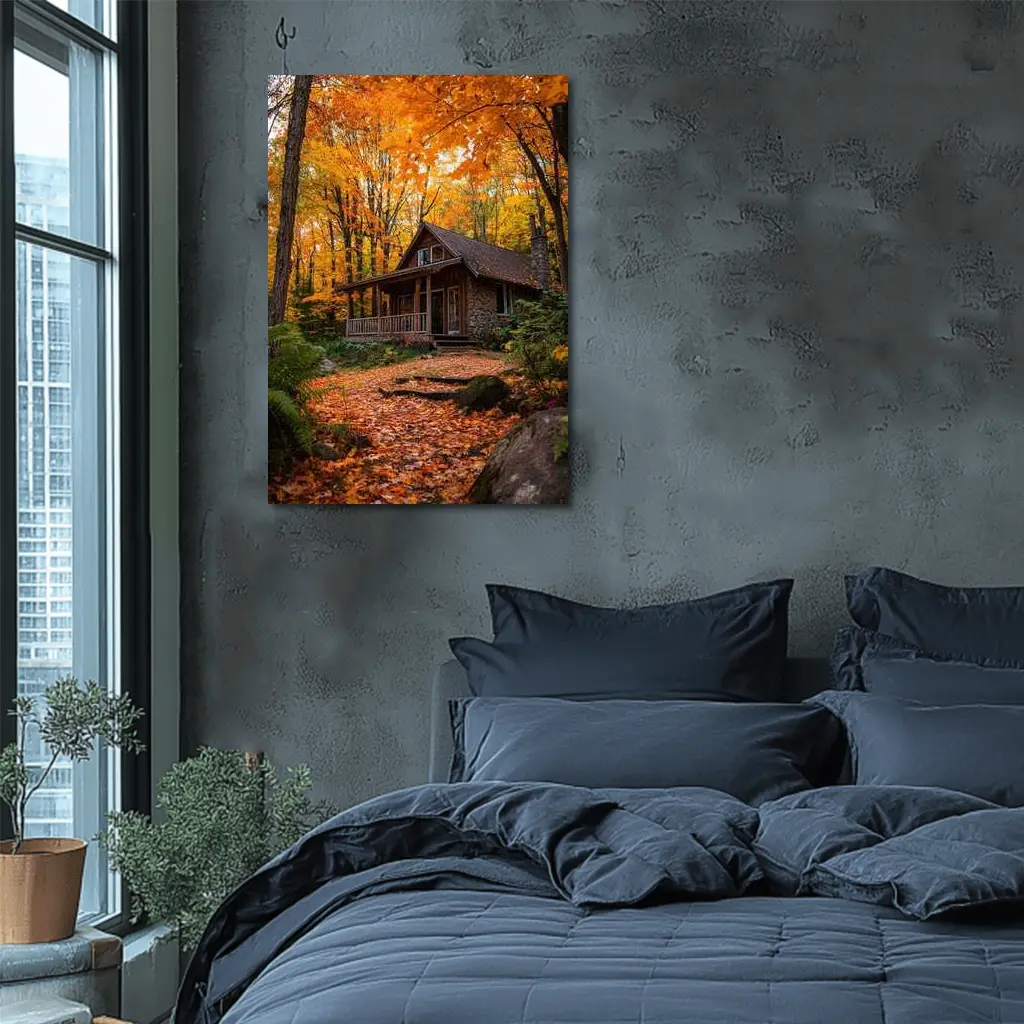 Rustic Stone Cabin Autumn Forest Path – Wall Art