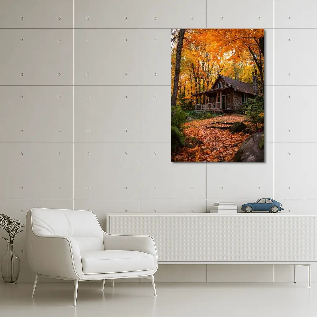 Rustic Stone Cabin Autumn Forest Path – Wall Art