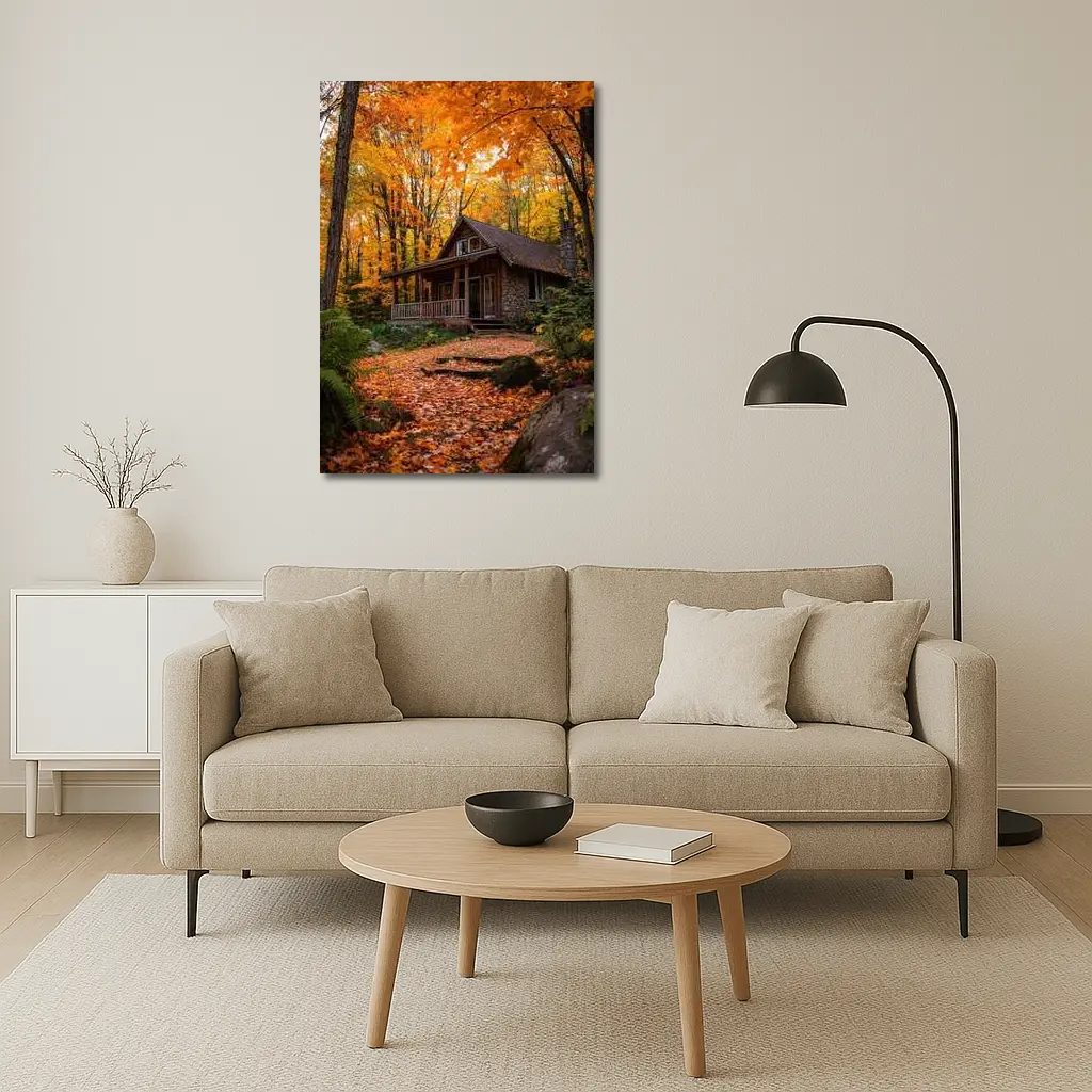 Rustic Stone Cabin Autumn Forest Path – Wall Art