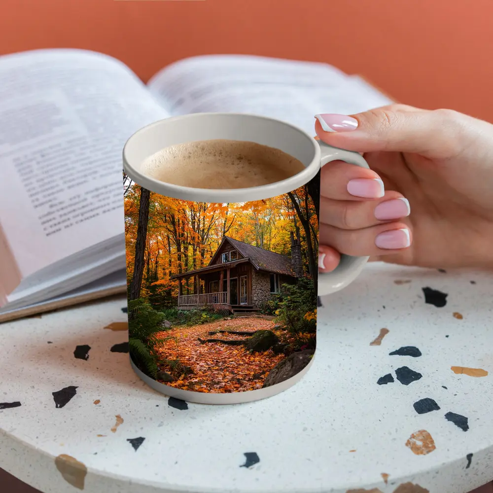 Rustic Stone Cabin Autumn Forest Path – Mugs