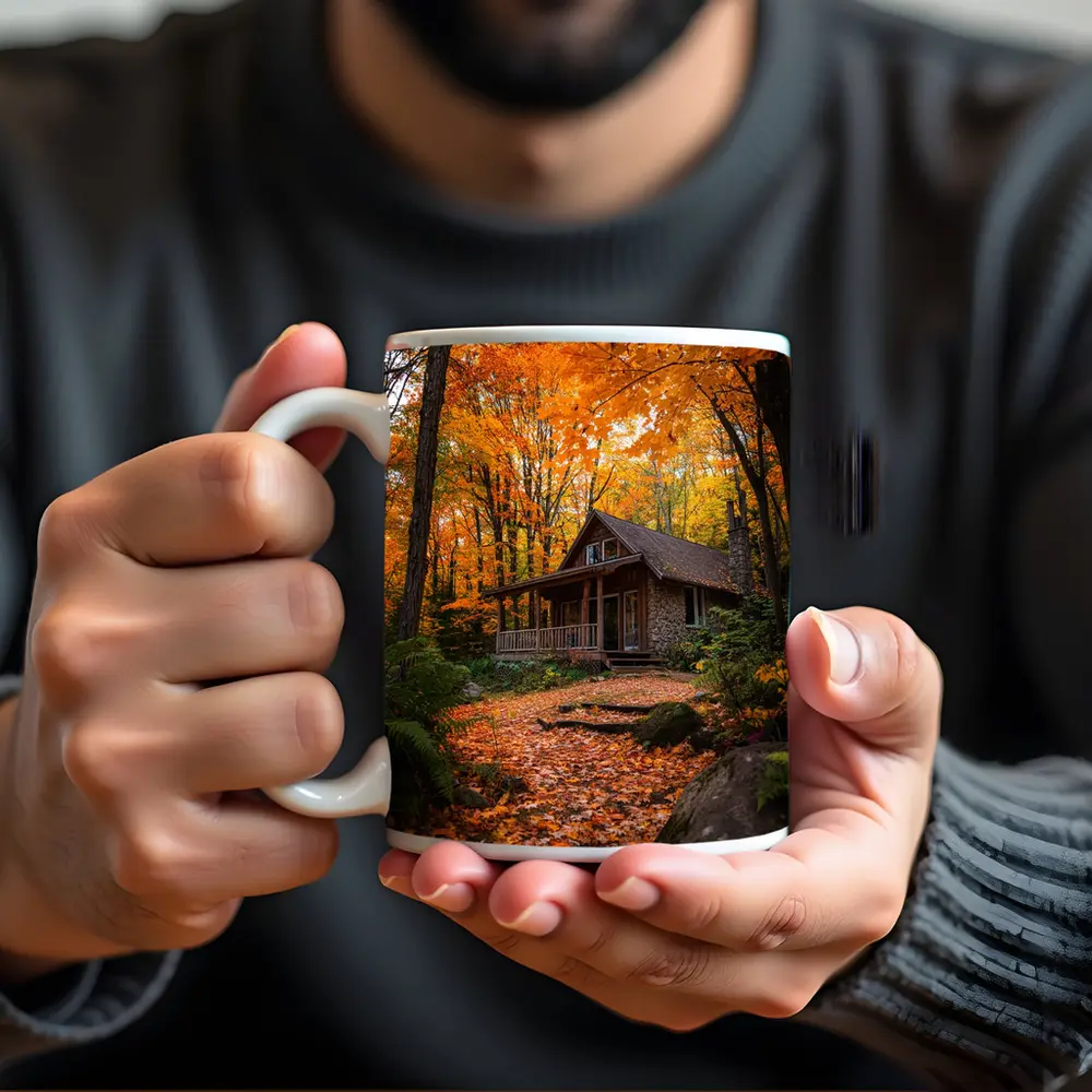 Rustic Stone Cabin Autumn Forest Path – Mugs