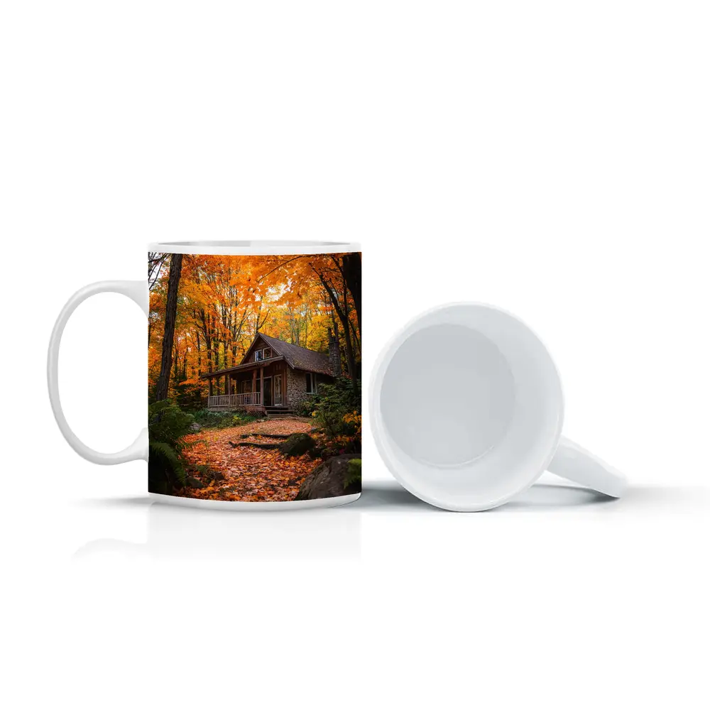 Rustic Stone Cabin Autumn Forest Path – Mugs