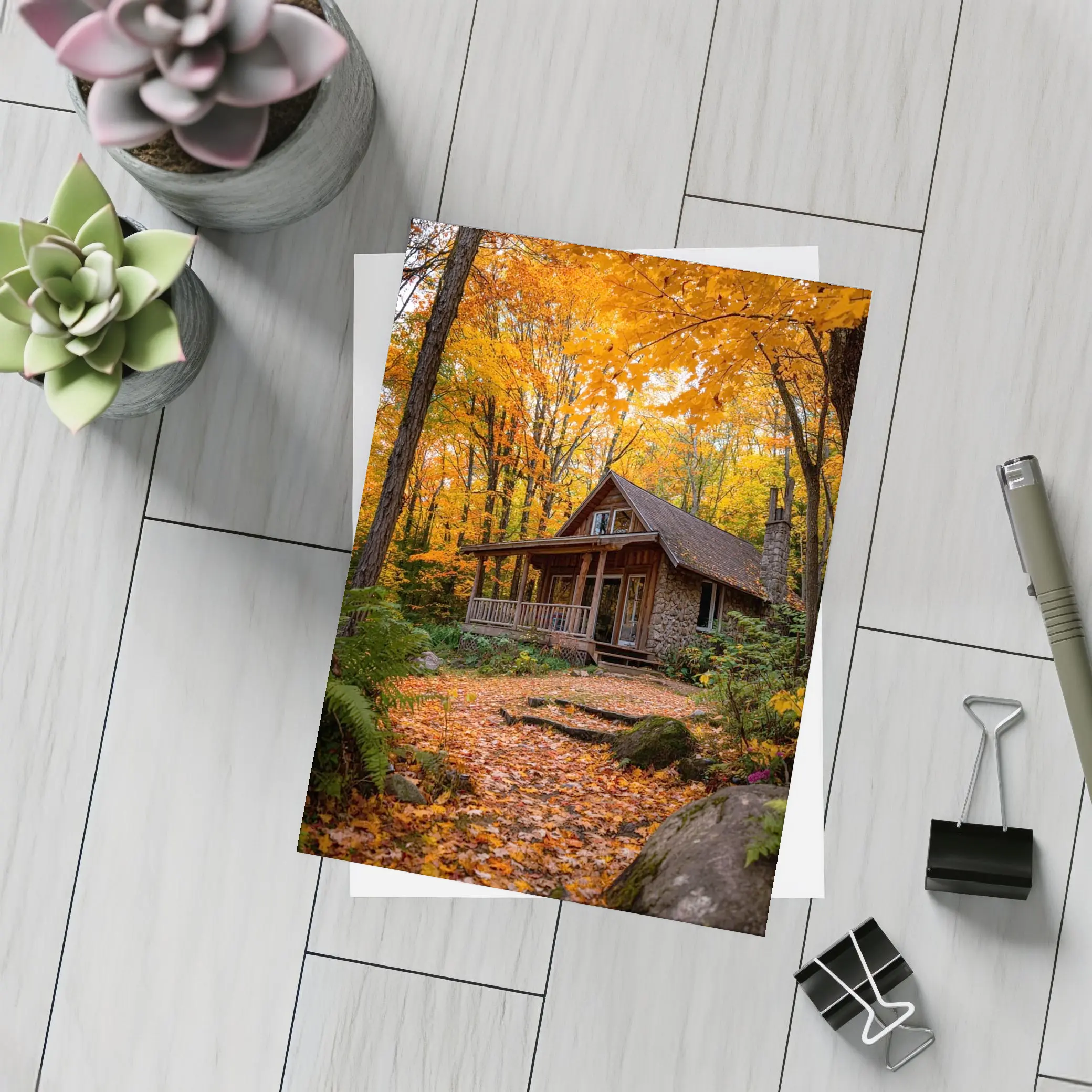 Rustic Stone Cabin Autumn Forest Path – Postcards