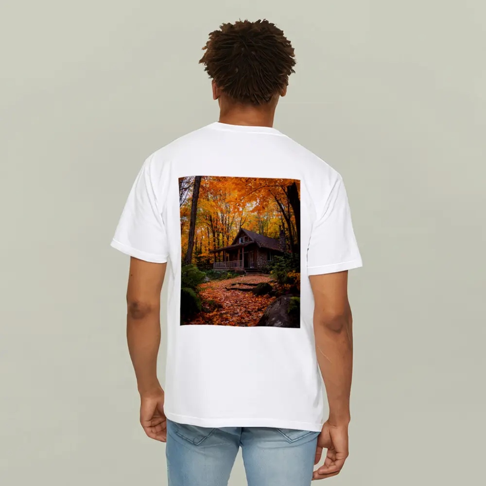 Rustic Stone Cabin Autumn Forest Path – T-Shirts