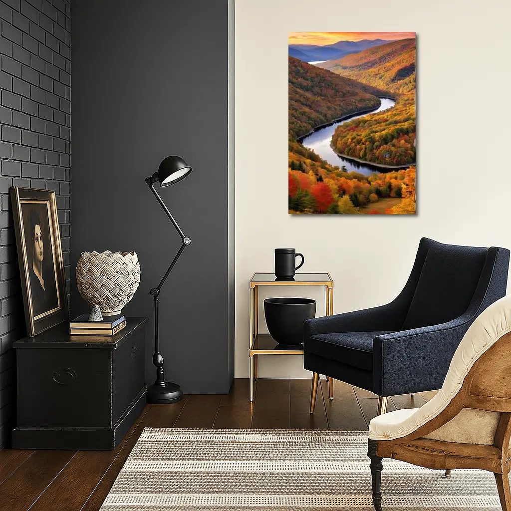Autumn River Valley Winding Through Fall Forest – Wall Art