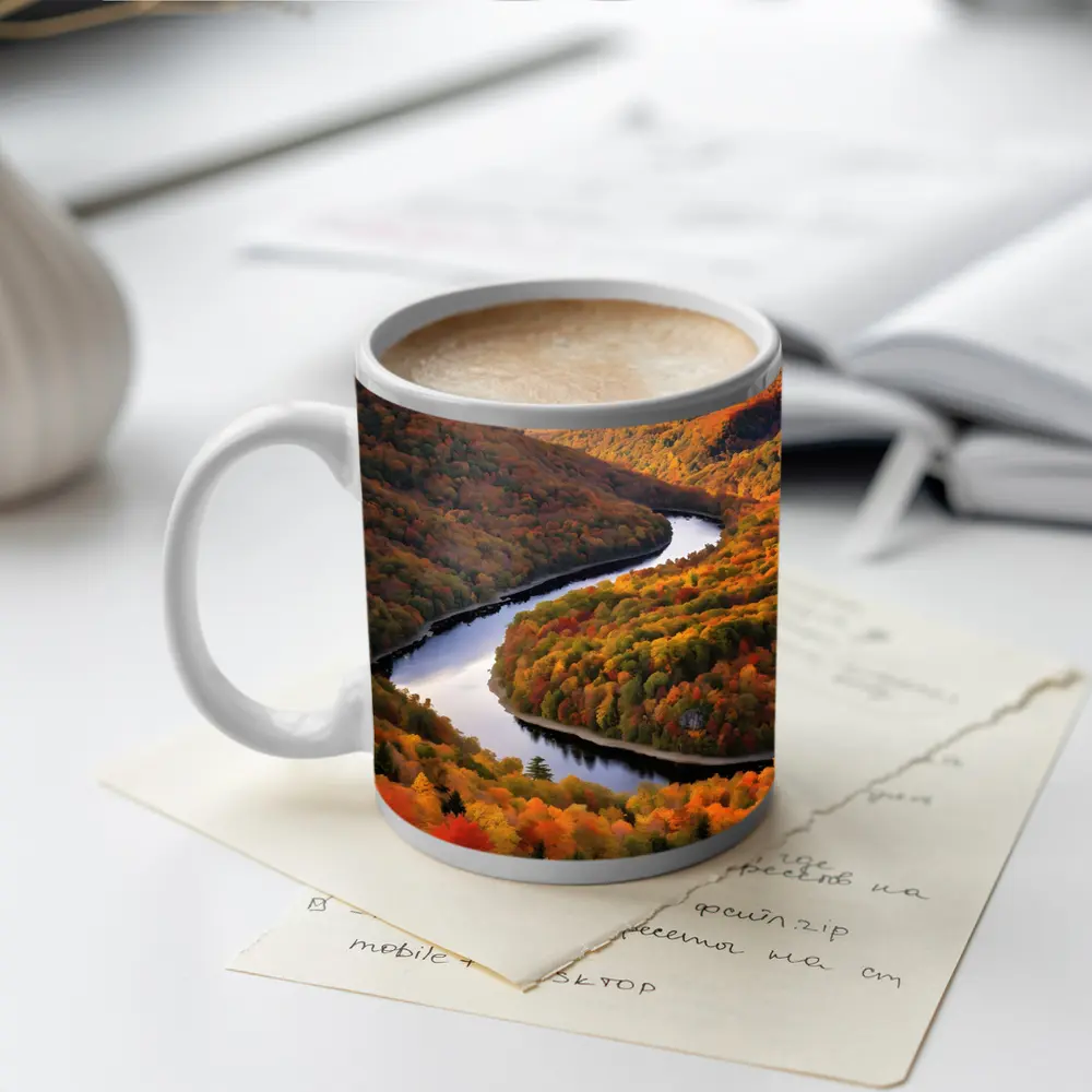 Autumn River Valley Winding Through Fall Forest – Mugs