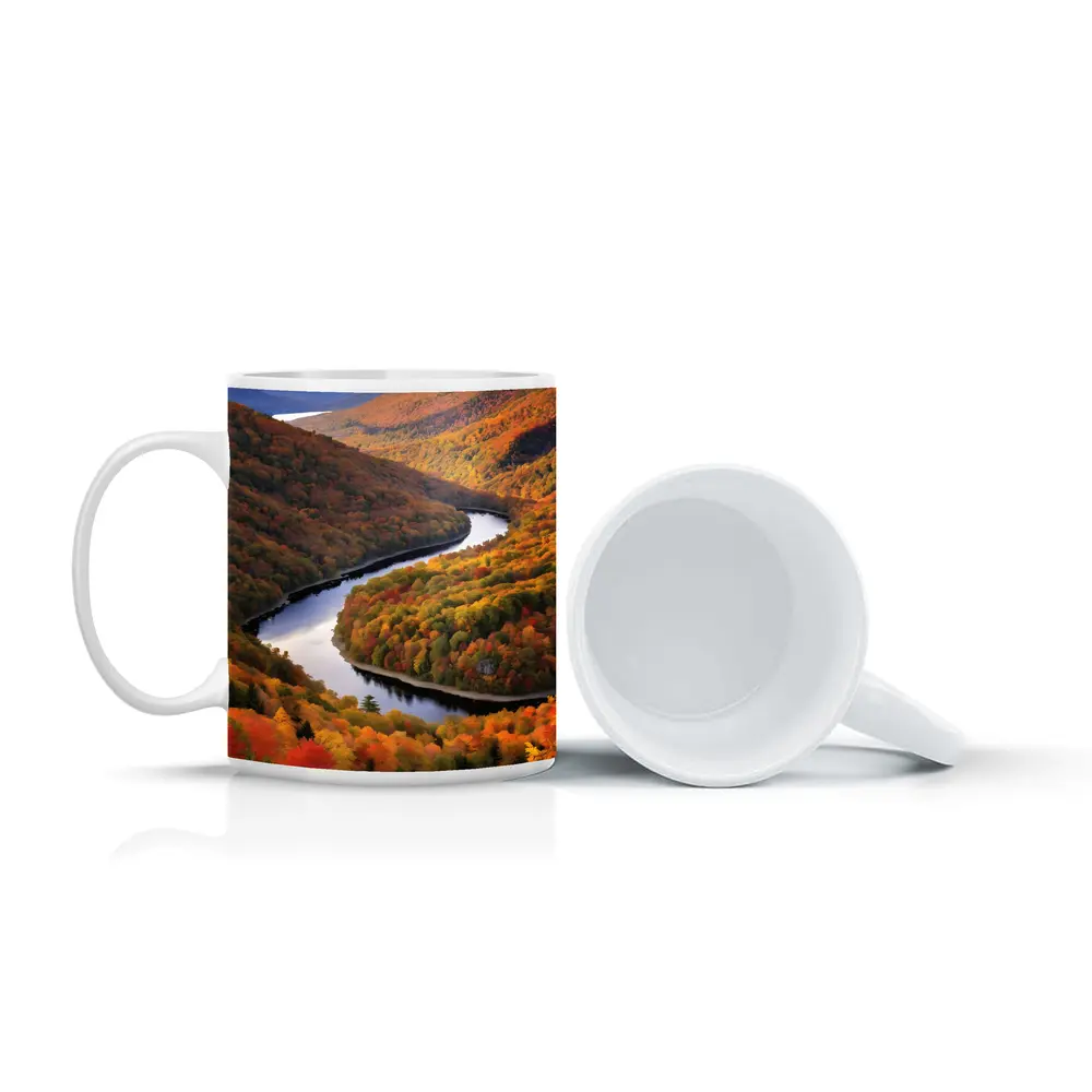 Autumn River Valley Winding Through Fall Forest – Mugs