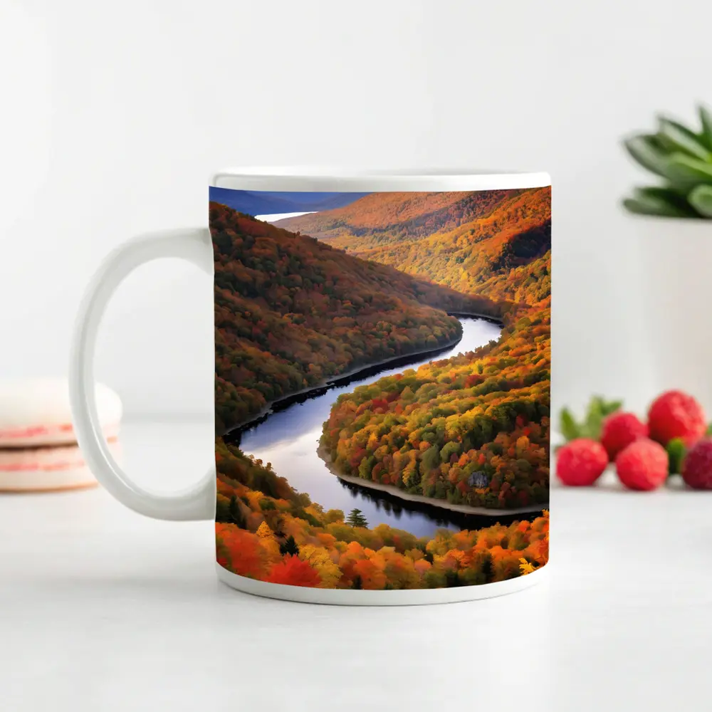 Autumn River Valley Winding Through Fall Forest – Mugs