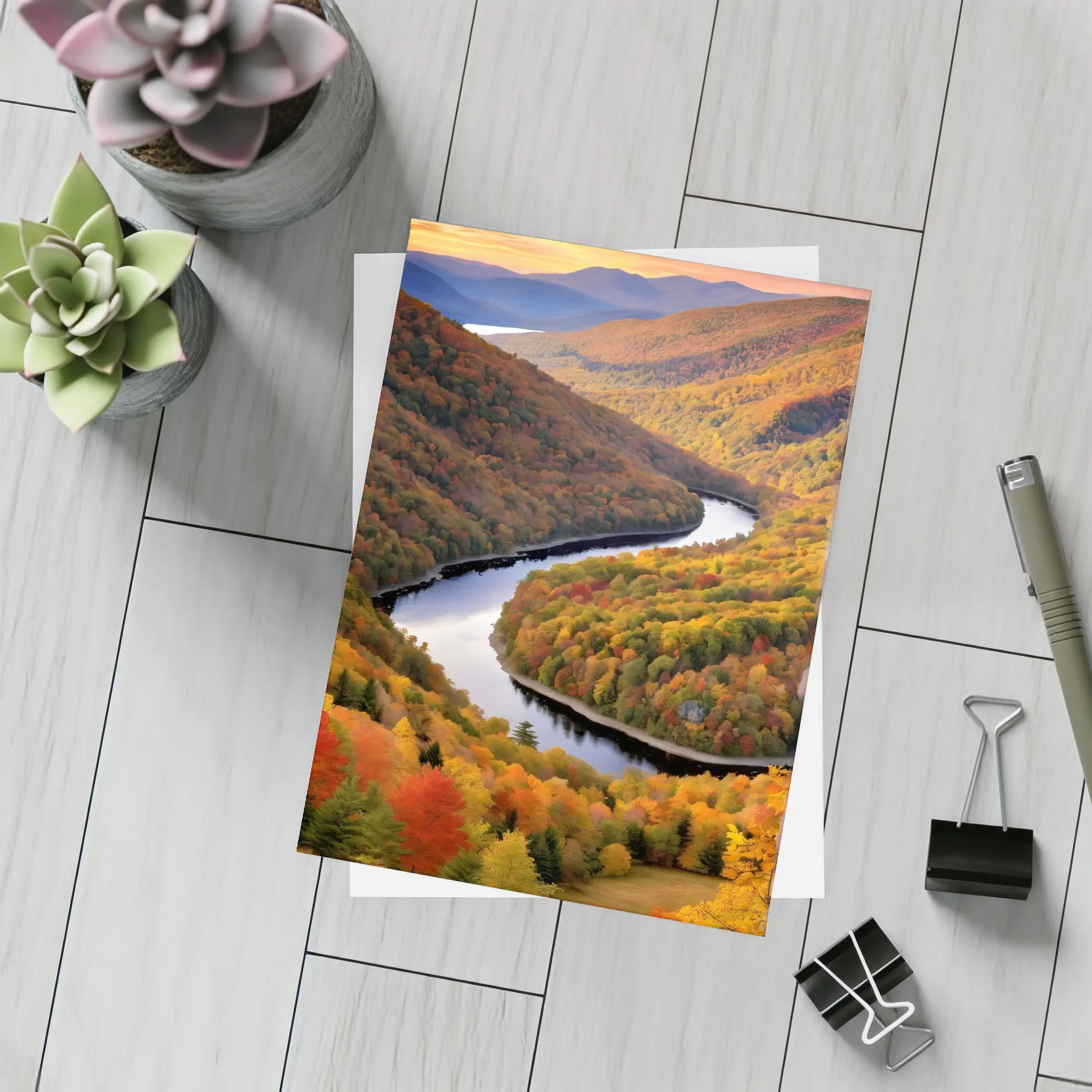 Autumn River Valley Winding Through Fall Forest – Postcards