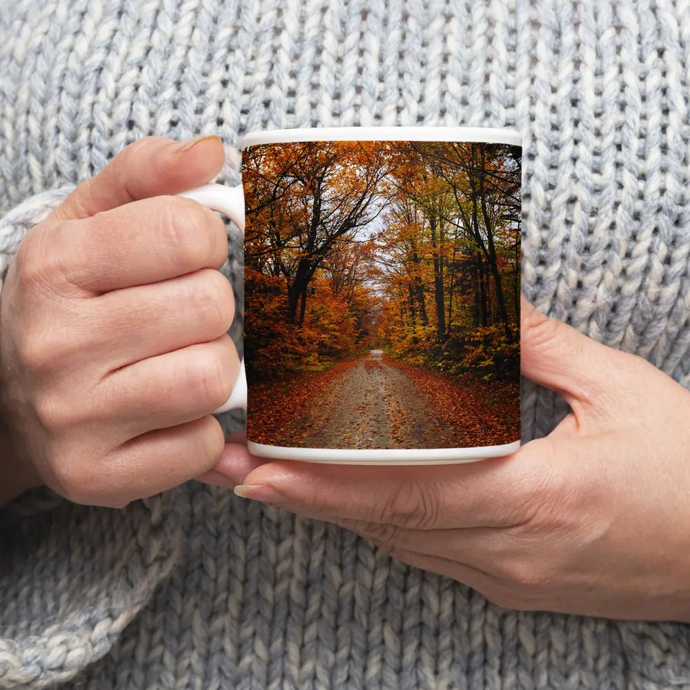 Autumn Forest Road Fallen Leaves Trees – Mugs