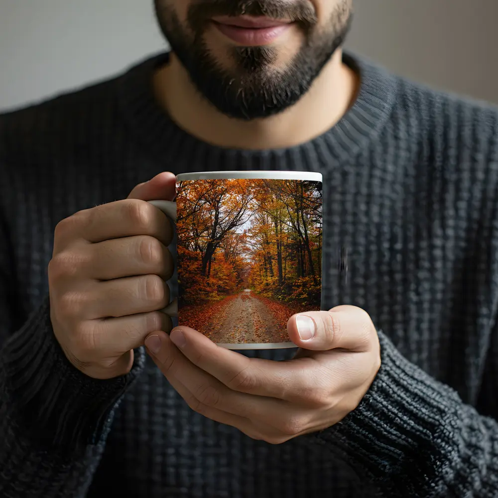 Autumn Forest Road Fallen Leaves Trees – Mugs