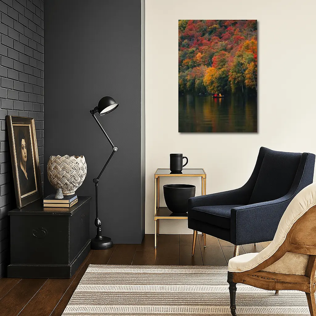 Canoe On Autumn Lake Red Foliage Forest – Wall Art