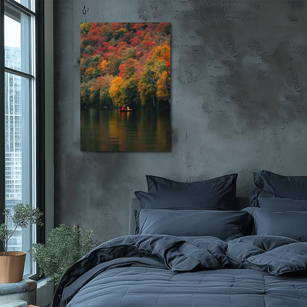 Canoe On Autumn Lake Red Foliage Forest – Wall Art