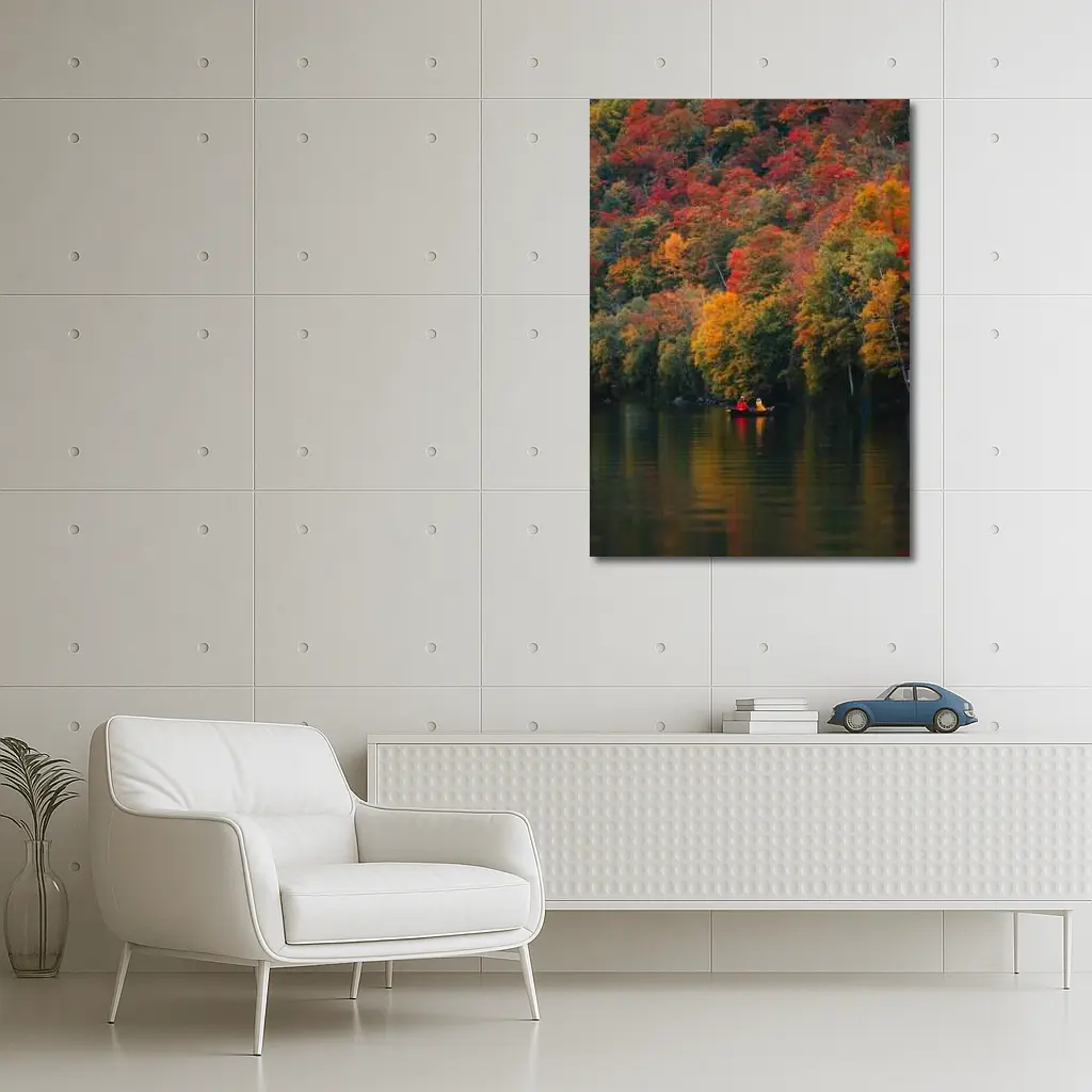 Canoe On Autumn Lake Red Foliage Forest – Wall Art