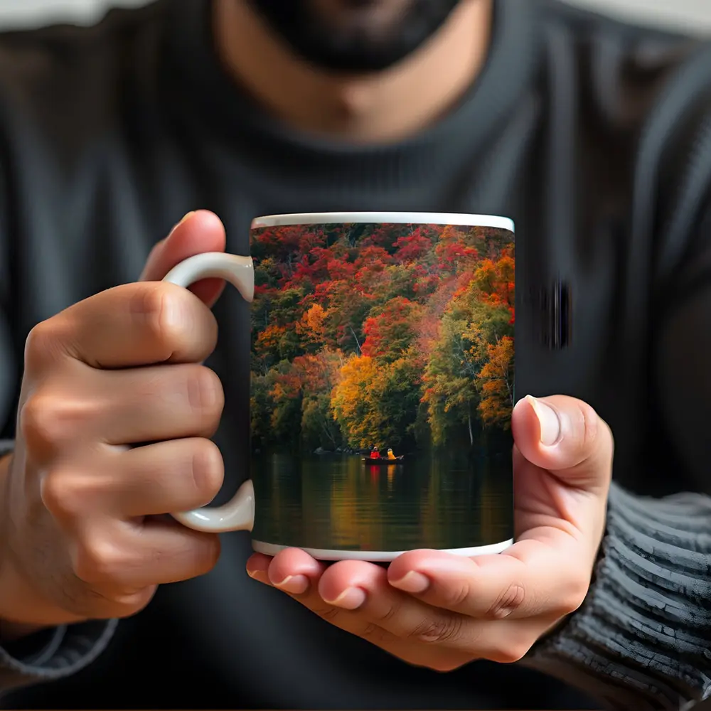 Canoe On Autumn Lake Red Foliage Forest – Mugs