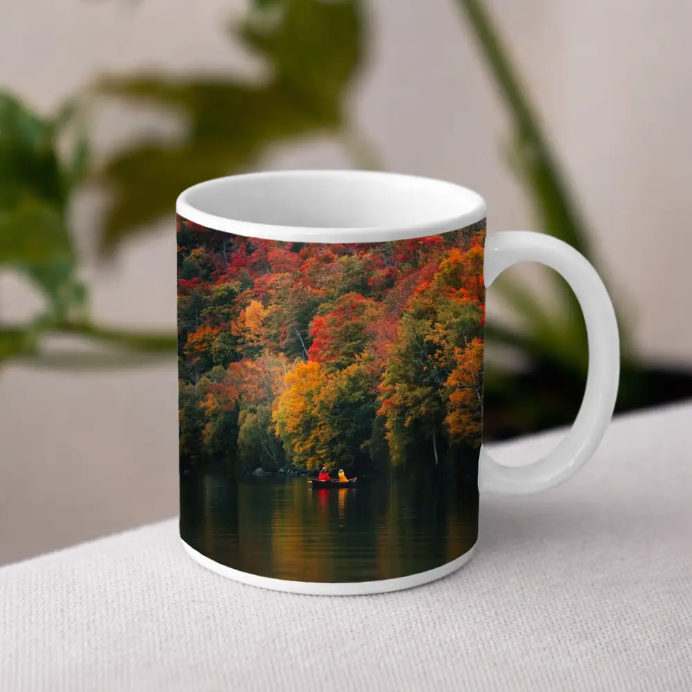 Canoe On Autumn Lake Red Foliage Forest – Mugs