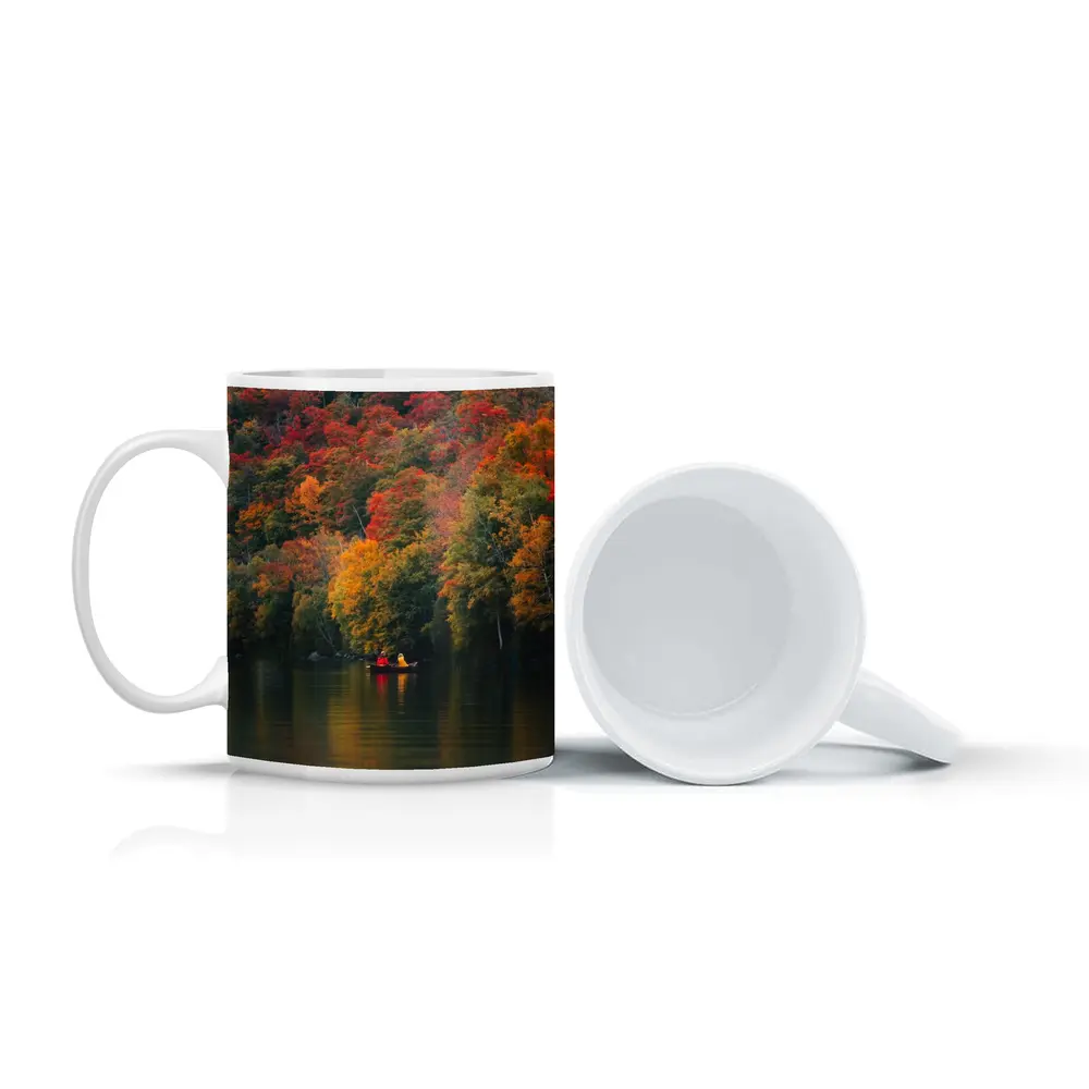 Canoe On Autumn Lake Red Foliage Forest – Mugs