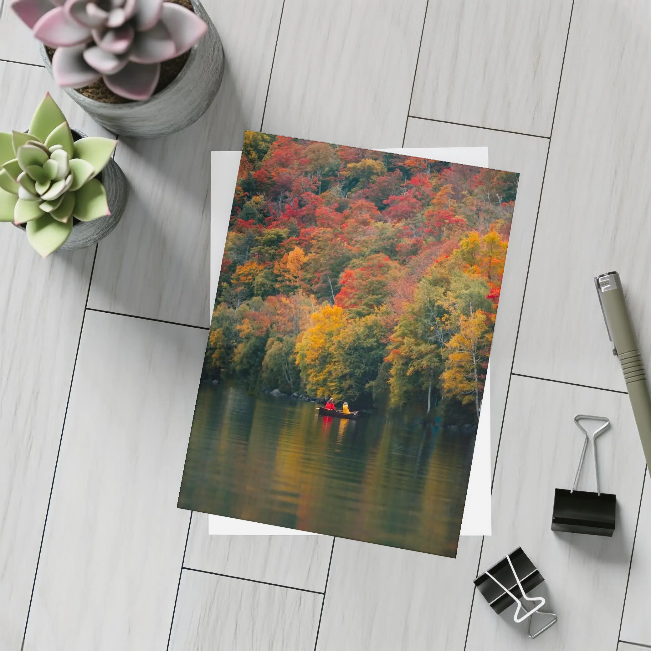 Canoe On Autumn Lake Red Foliage Forest – Postcards