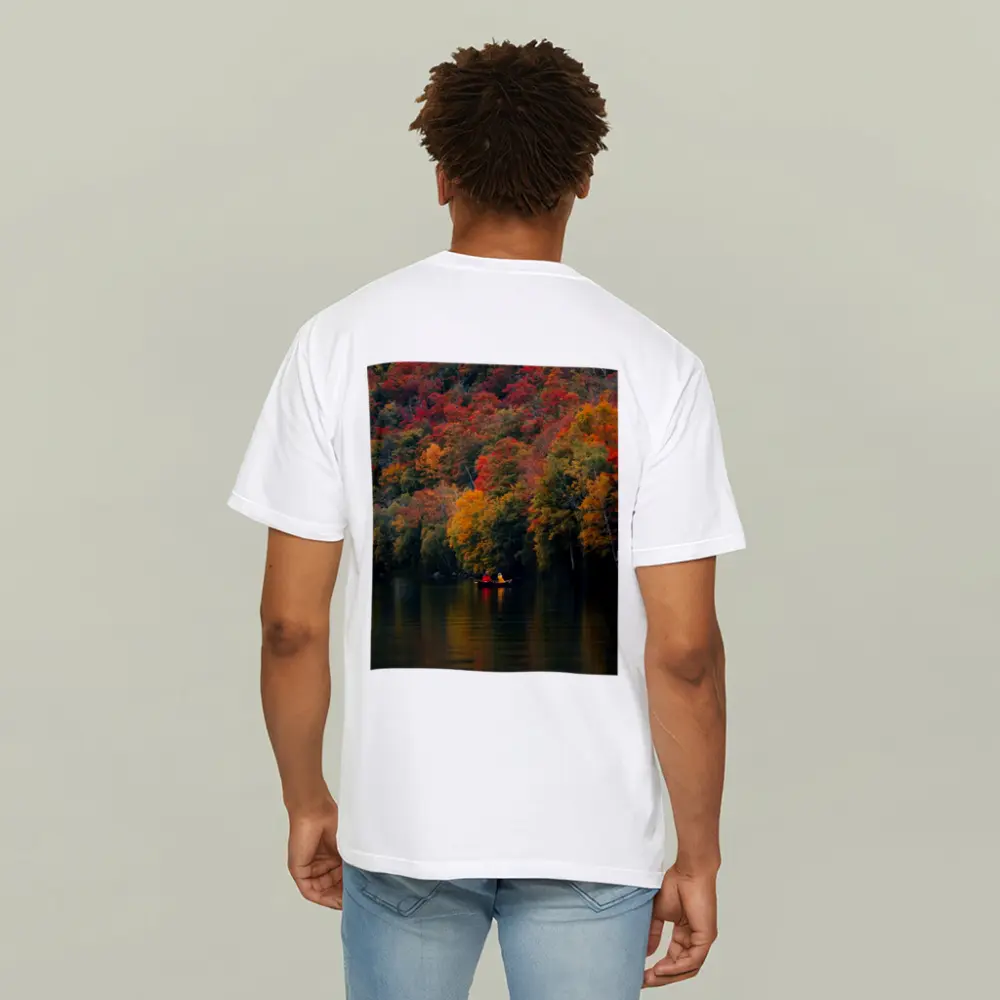 Canoe On Autumn Lake Red Foliage Forest – T-Shirts