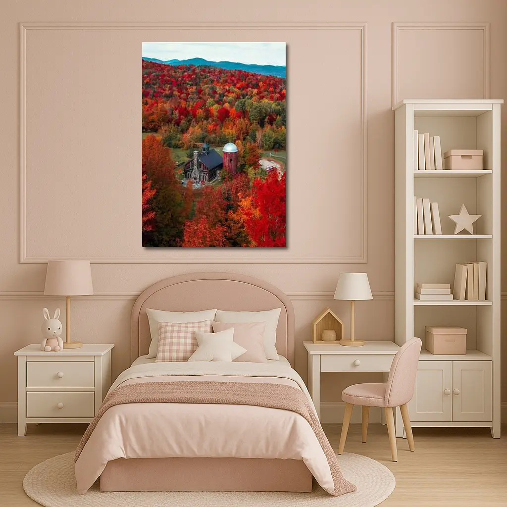 Red Barn Silo Autumn Forest Mountains – Wall Art