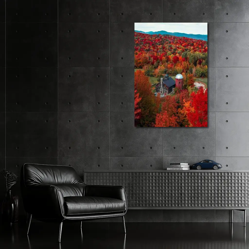 Red Barn Silo Autumn Forest Mountains – Wall Art