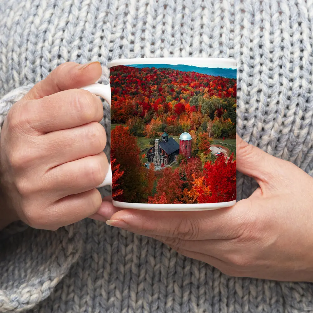 Red Barn Silo Autumn Forest Mountains – Mugs