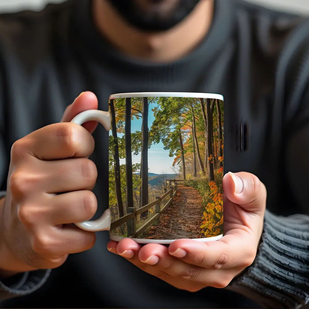 Autumn Forest Trail With Mountain View – Mugs