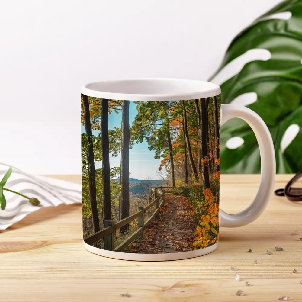 Autumn Forest Trail With Mountain View – Mugs