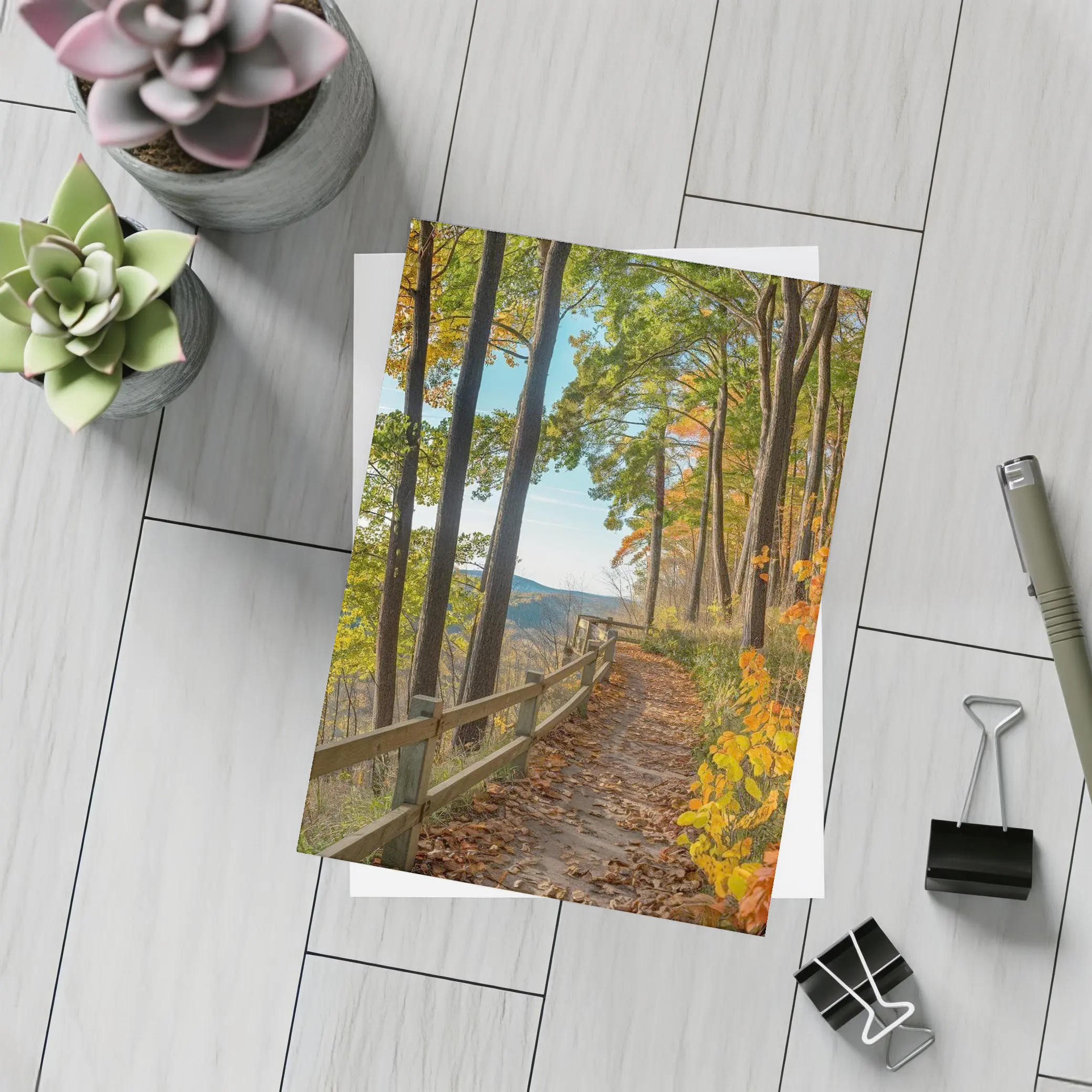 Autumn Forest Trail With Mountain View – Postcards