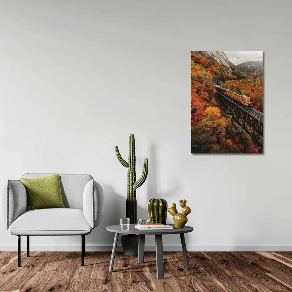 Yellow Train On Trestle Bridge Autumn Mountains – Wall Art