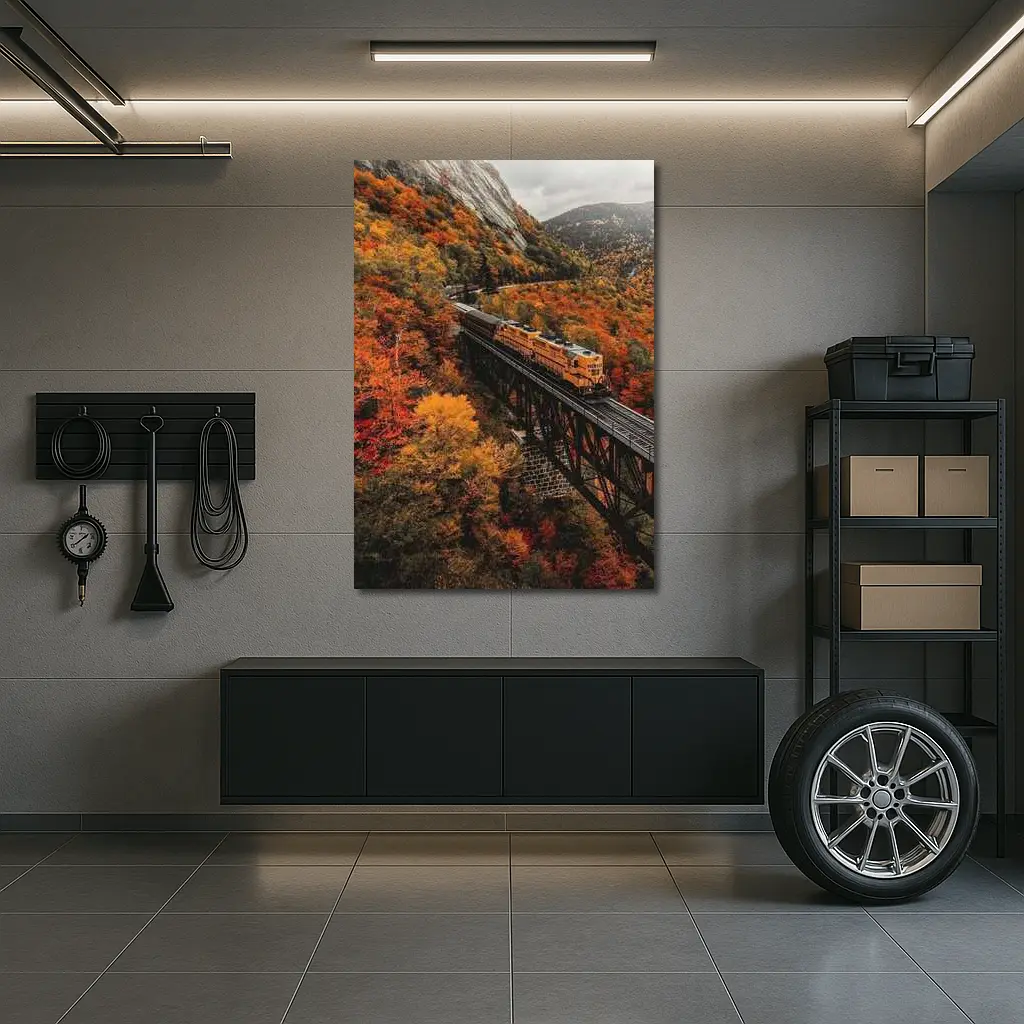 Yellow Train On Trestle Bridge Autumn Mountains – Wall Art