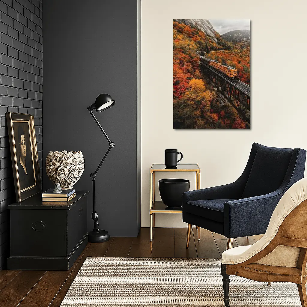 Yellow Train On Trestle Bridge Autumn Mountains – Wall Art