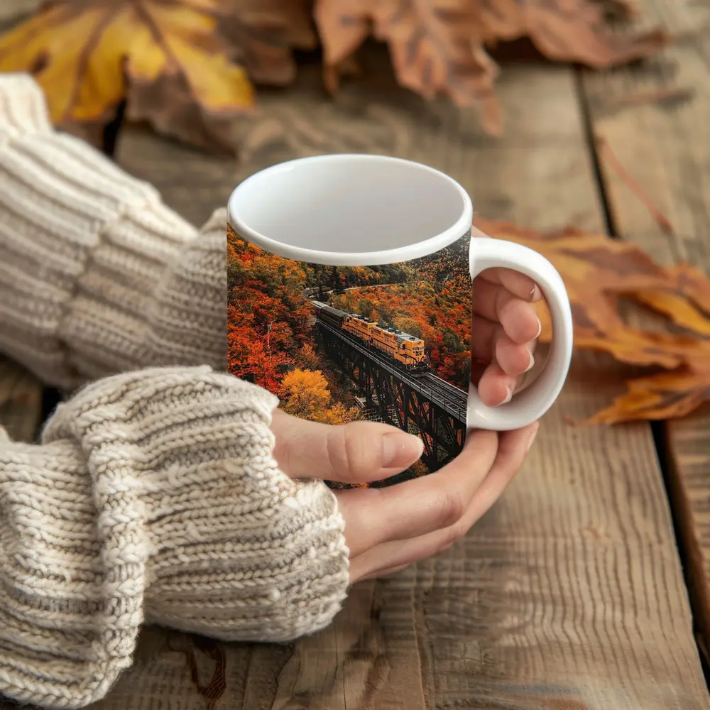 Yellow Train On Trestle Bridge Autumn Mountains – Mugs